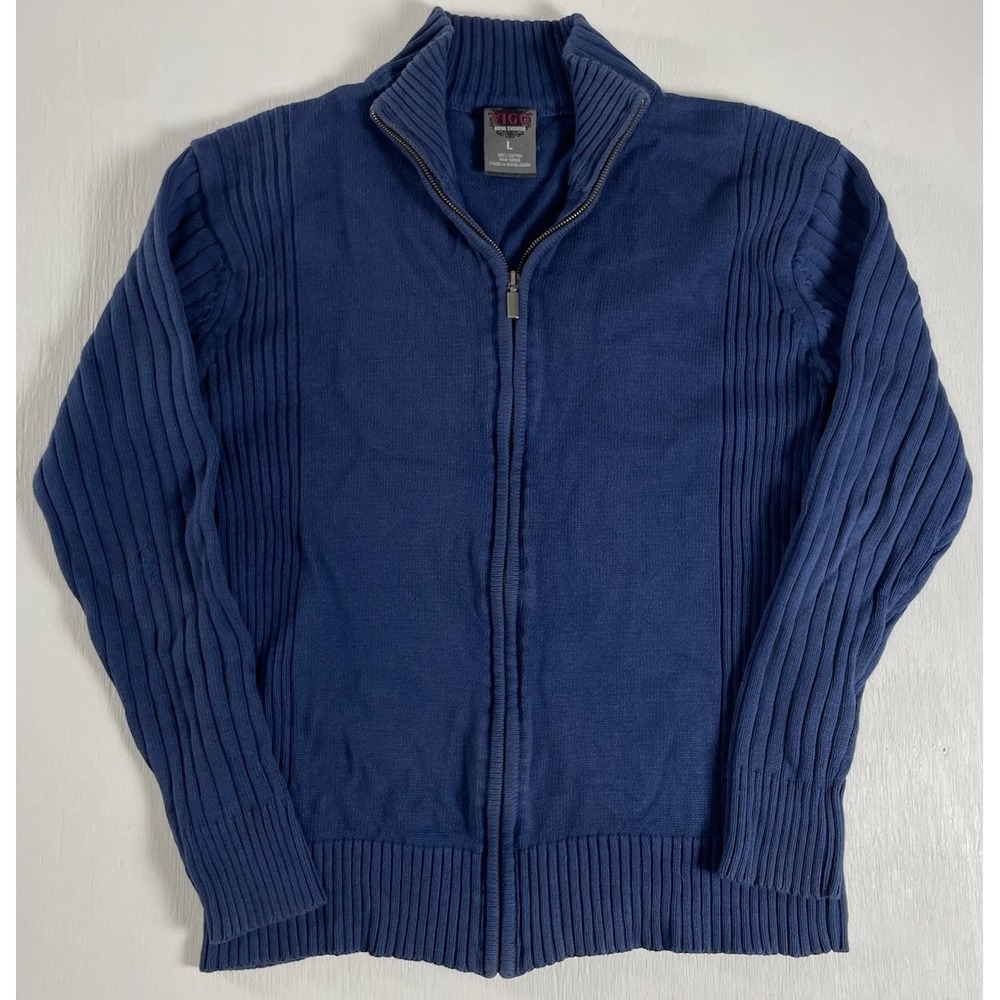 Vtg VIGO Y2K men size L Blue‎ Full Zip Mock Neck Long Sleeve Sweater 100% Cotton
